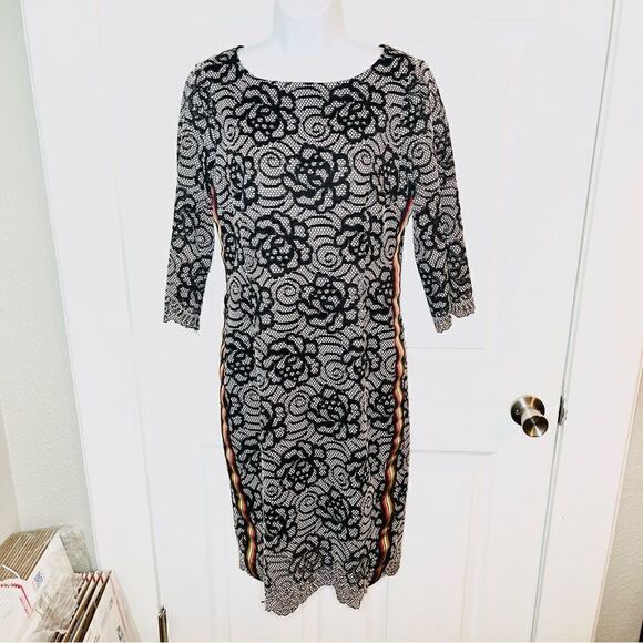 Nicole Miller Floral Lace Overlay Multicolor Side Stripe Midi Dress Black M - Picture 3 of 12